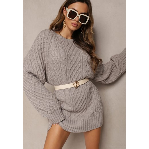 Szary Długi Sweter Ozdobiony Drobnym Splotem Killoe ze sklepu Renee odzież w kategorii Swetry damskie - zdjęcie 163903282