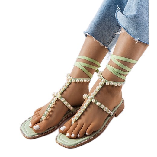 Zielone sandałki z perełkami Graystone ze sklepu ButyModne.pl w kategorii Sandały damskie - zdjęcie 163906233