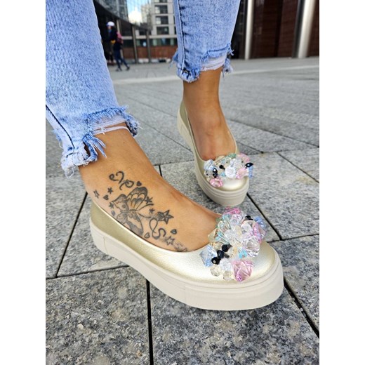 PRZEPIĘKNE POLSKIE BALERINKI Calzado Santorio z ozdobnymi kamykami SANT-09 ZŁOTE Calzado 40 okazja Calzado