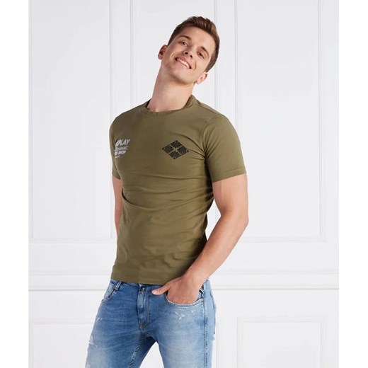T-shirt męski Replay z krótkimi rękawami zielony z nadrukami