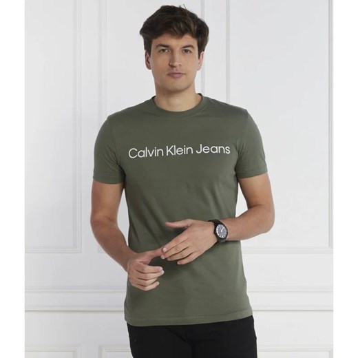 T-shirt męski Calvin Klein zielony młodzieżowy z krótkimi rękawami 