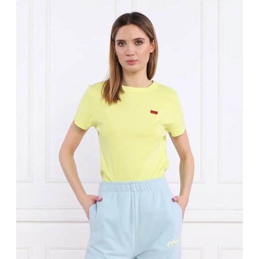 Bluzka damska żółta Hugo Boss casual z krótkim rękawem z okrągłym dekoltem bawełniana 
