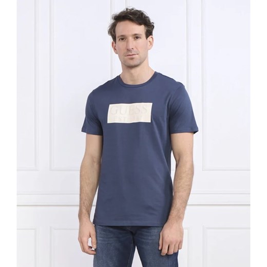 T-shirt męski Guess z krótkim rękawem niebieski bawełniany z napisami 