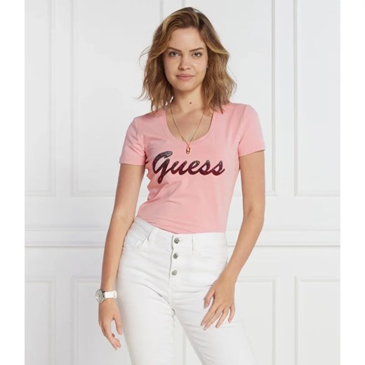 GUESS T-shirt SS RN SHINY | Regular Fit ze sklepu Gomez Fashion Store w kategorii Bluzki damskie - zdjęcie 163981890