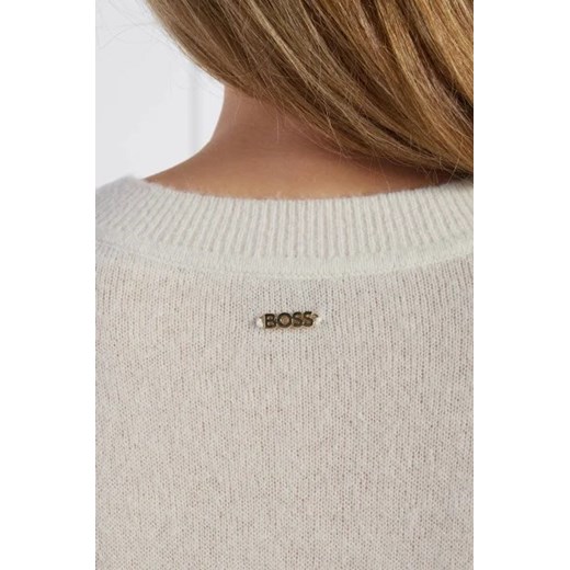 Sweter damski beżowy BOSS HUGO casual z dekoltem w literę v