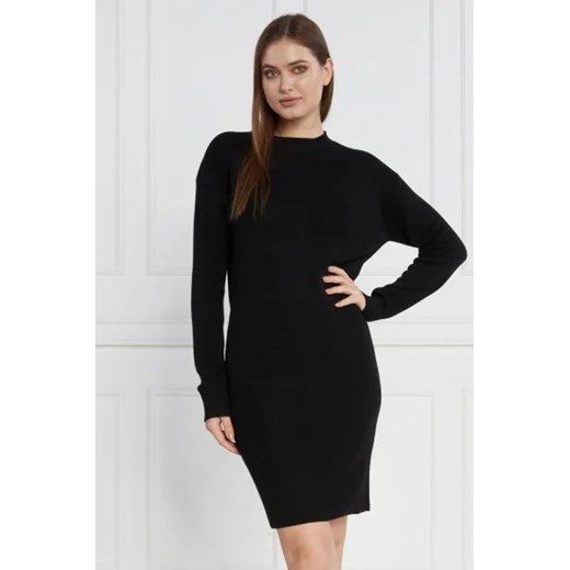 Sukienka Armani Exchange dopasowana z okrągłym dekoltem czarna z długim rękawem wełniana