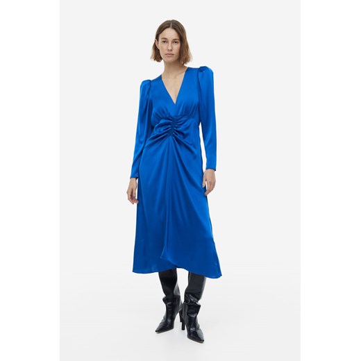 H & M - Marszczona sukienka satynowa - Niebieski H & M S H&M