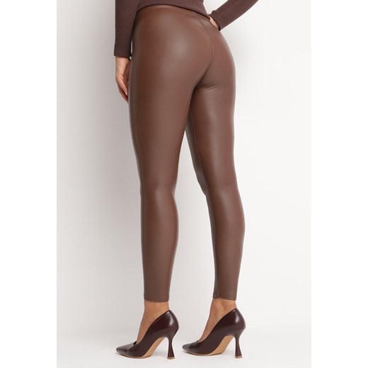 Brązowe Ocieplane Legginsy z Ekoskóry i Gumką w Pasie Tikiran M Born2be Odzież wyprzedaż