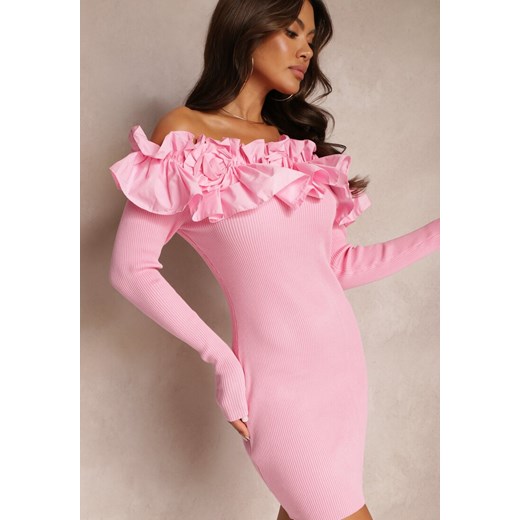 Różowa Hiszpanka Sukienka Mini z Falbankami i Kwiatami Balinorre ze sklepu Renee odzież w kategorii Sukienki - zdjęcie 164409060