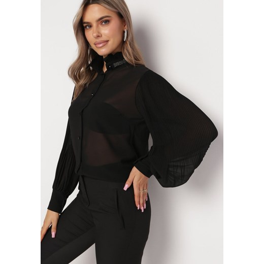 Czarna Koszula z Luźnym i Plisowanym Rękawem Peolla ze sklepu Born2be Odzież w kategorii Koszule damskie - zdjęcie 164436451
