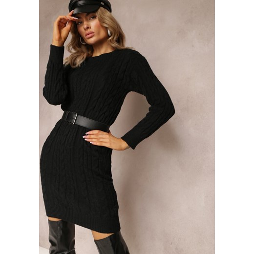 Czarna Dzianinowa Sukienka Midi z Grubym Splotem Reignetta ze sklepu Renee odzież w kategorii Sukienki - zdjęcie 164436533