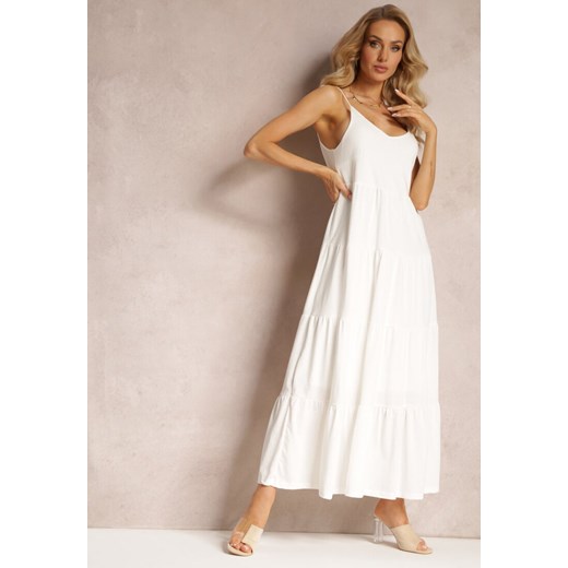 Biała Bawełniana Sukienka Maxi z Wiązanymi Ramiączkami i Rozkloszowaną Falbaną Mariones ze sklepu Renee odzież w kategorii Sukienki - zdjęcie 164441264