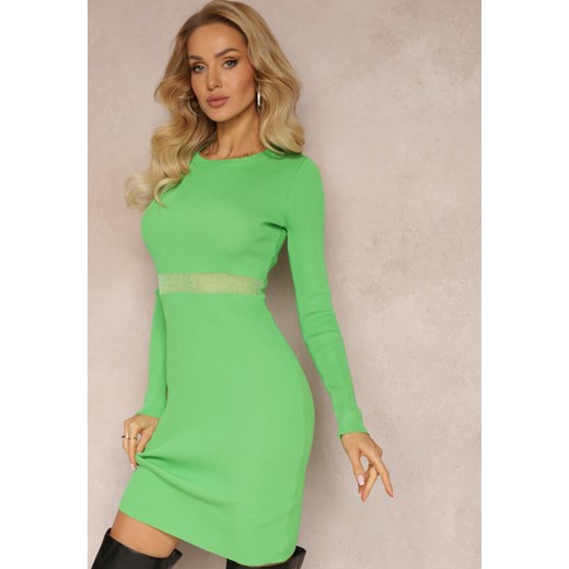 Zielona Sukienka Mini Dzianinowa z Transparentną Wstawką w Talii Makaila ze sklepu Renee odzież w kategorii Sukienki - zdjęcie 164441464