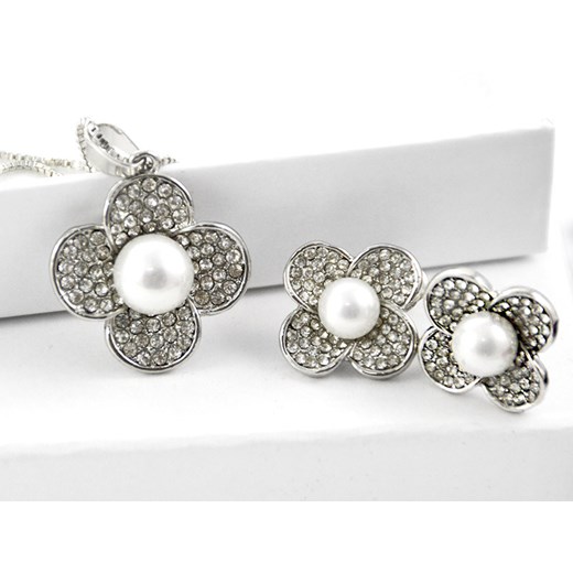 komplet biżuterii kwiaty z białą perłą Lovrin wyprzedaż LOVRIN
