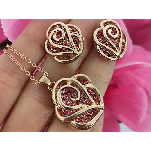 komplet biżuterii ażurowe róże różowe cyrkonie Lovrin promocja LOVRIN