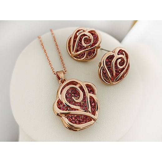 komplet biżuterii ażurowe róże różowe cyrkonie Lovrin promocyjna cena LOVRIN