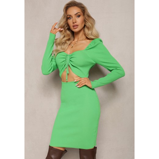 Zielona Prążkowana Mini Sukienka o Dopasowanym Fasonie z Wiązaniem i Wycięciem Xerdessa ze sklepu Renee odzież w kategorii Sukienki - zdjęcie 164496003