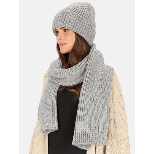 Komplet szara czapka i szalik z cekinami L'AF Ginny Uniwersalny Eye For Fashion