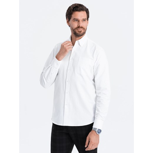 Koszula męska z tkaniny w stylu Oxford REGULAR - biała V1 OM-SHOS-0108 ze sklepu ombre w kategorii Koszule męskie - zdjęcie 164505180