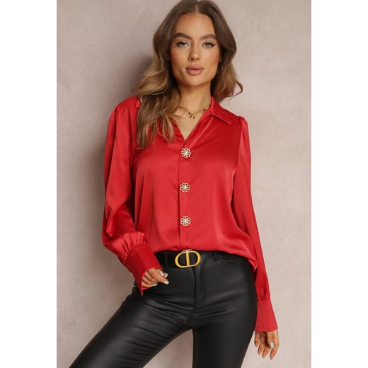 Czerwona Koszula Satynowa na Guziki Liyu ze sklepu Renee odzież w kategorii Koszule damskie - zdjęcie 164506804