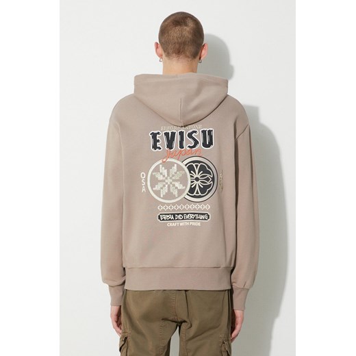 Evisu bluza bawełniana Double Kamon EMB męska kolor beżowy z kapturem z nadrukiem 2EAHTM3SW1076RXCT ze sklepu PRM w kategorii Bluzy męskie - zdjęcie 164507462