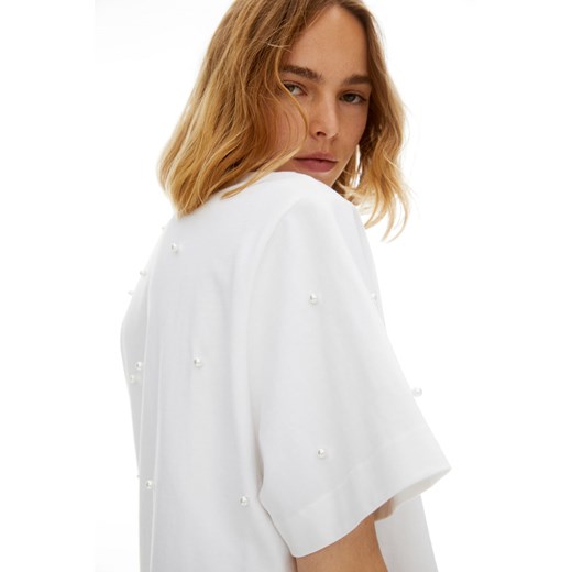 H & M - T-shirt z koralikami - Biały H & M XS H&M
