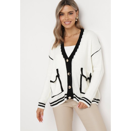 Biały Sweter Kardigan Ozdobiony Kontrastowymi Lamówkami Sunje ze sklepu Born2be Odzież w kategorii Swetry damskie - zdjęcie 164529463