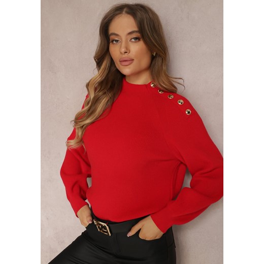 Czerwony Sweter Dzianinowy z Długim Rękawem i Guzikami Kithi ze sklepu Renee odzież w kategorii Swetry damskie - zdjęcie 164559921