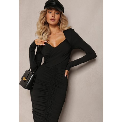 Czarna Dopasowana Sukienka Mini z Ozdobnym Marszczeniem Margareeta ze sklepu Renee odzież w kategorii Sukienki - zdjęcie 164563272