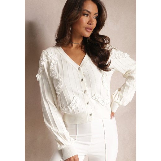 Biały Kardigan Zapinany z Ozdobnymi Falbankami Diselda ze sklepu Renee odzież w kategorii Swetry damskie - zdjęcie 164569711