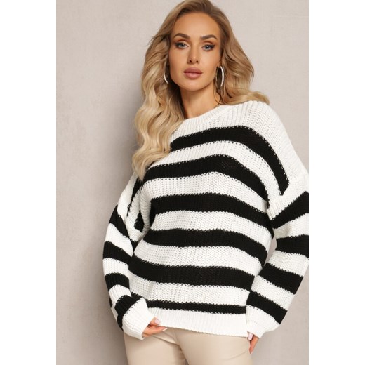 Biało-Czarny Klasyczny Sweter z Dzianiny o Grubej Włóczce w Paski Soriaa ze sklepu Renee odzież w kategorii Swetry damskie - zdjęcie 164570122