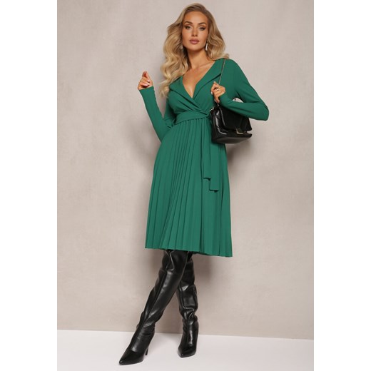 Zielona Plisowana Midi Sukienka z Kopertowym Dekoltem i Paskiem Materiałowym w Talii Keviana ze sklepu Renee odzież w kategorii Sukienki - zdjęcie 164575113