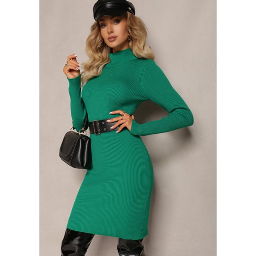 Zielona Sweterkowa Sukienka Mini z Prążkowanej Dzianiny z Półgolfem Soamlata ze sklepu Renee odzież w kategorii Sukienki - zdjęcie 164649782