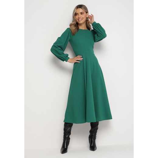 Zielona Rozkloszowana Midi Sukienka z Eleganckimi Luźnymi Rękawami Samriddhi ze sklepu Born2be Odzież w kategorii Sukienki - zdjęcie 164687471