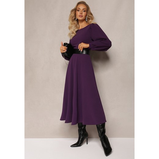 Fioletowa Sukienka Midi o Rozkloszowanym Fasonie z Bufiastymi Rękawami Amatya ze sklepu Renee odzież w kategorii Sukienki - zdjęcie 164687712