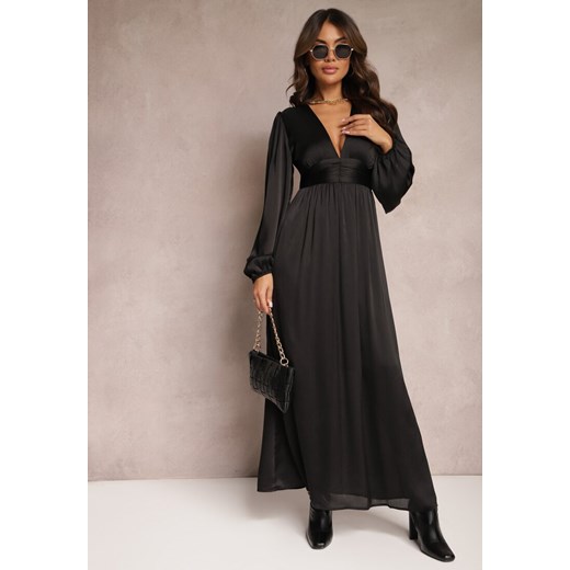 Czarna Gładka Sukienka Maxi o Rozkloszowanym Kroju z Luźnymi Rękawami i Trójkątnym Dekoltem Biswas ze sklepu Renee odzież w kategorii Sukienki - zdjęcie 164716862