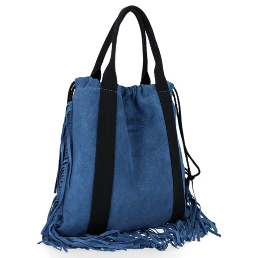 Vittoria Gotti Włoska Torebka Skórzana Shopper Bag w stylu Boho Jeansowa ze sklepu PaniTorbalska w kategorii Torby Shopper bag - zdjęcie 164720910