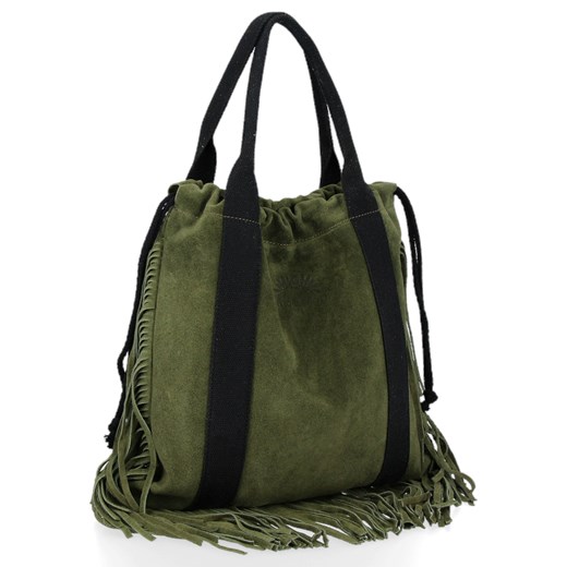 Vittoria Gotti Włoska Torebka Skórzana Shopper Bag w stylu Boho Zielona ze sklepu PaniTorbalska w kategorii Torby Shopper bag - zdjęcie 164722510