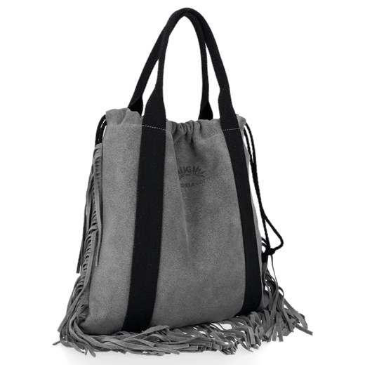 Vittoria Gotti Włoska Torebka Skórzana Shopper Bag w stylu Boho Szara ze sklepu PaniTorbalska w kategorii Torby Shopper bag - zdjęcie 164723622