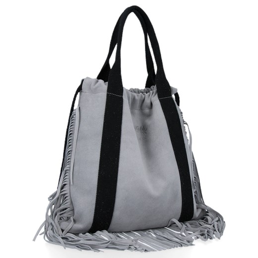 Vittoria Gotti Włoska Torebka Skórzana Shopper Bag w stylu Boho Jasno Szara ze sklepu PaniTorbalska w kategorii Torby Shopper bag - zdjęcie 164725810