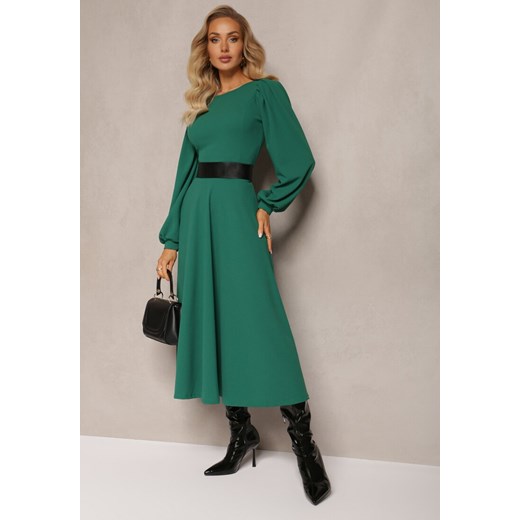 Zielona Sukienka Midi o Rozkloszowanym Fasonie z Bufiastymi Rękawami Amatya ze sklepu Renee odzież w kategorii Sukienki - zdjęcie 164730804