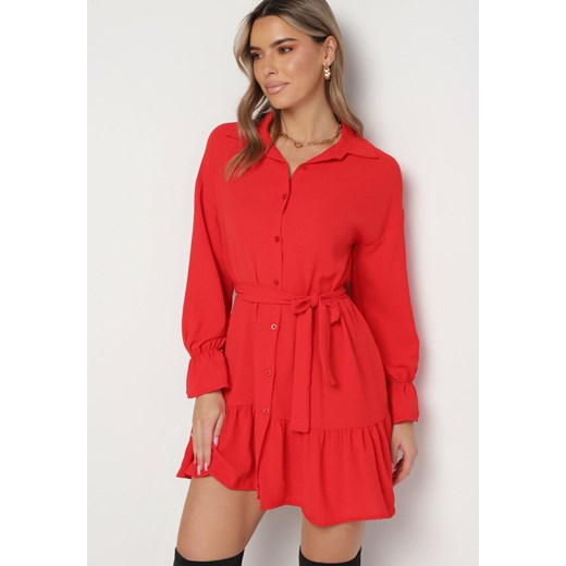 Czerwona Koszulowa Sukienka z Wiązanym Paskiem Stevania ze sklepu Born2be Odzież w kategorii Sukienki - zdjęcie 164789402