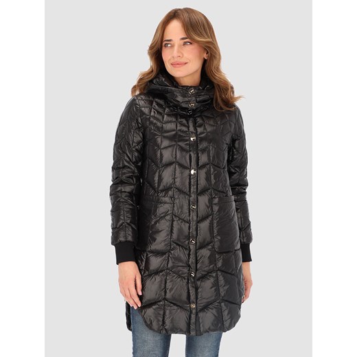 Czarna pikowana kurtka z kapturem i rozporkami Perso ze sklepu Eye For Fashion w kategorii Kurtki damskie - zdjęcie 164800784