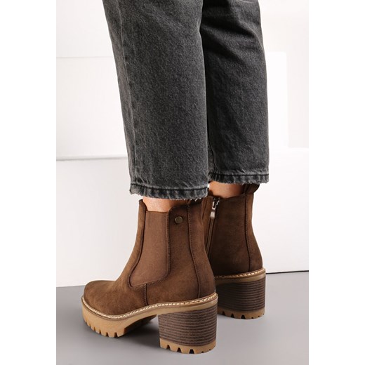 Brązowe Botki z Imitacji Zamszu na Niskim Słupku i Platformie Jaxston Renee 38 promocja renee.pl