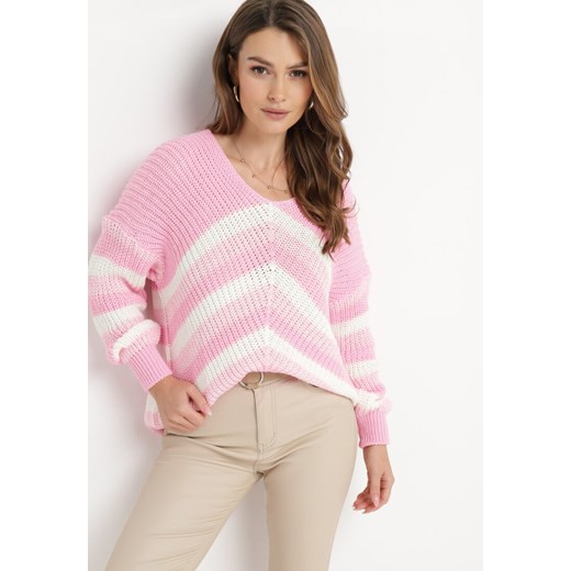 Różowy Luźny Sweter w Paski Onortte ze sklepu Born2be Odzież w kategorii Swetry damskie - zdjęcie 164881643