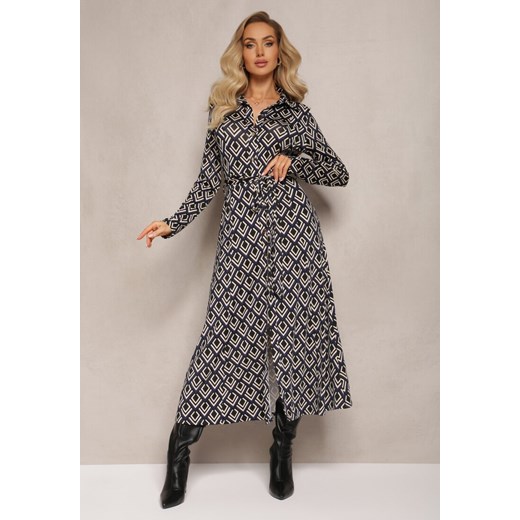 Granatowa Koszulowa Sukienka Maxi w Geometryczny Wzór z Paskiem Oniufe ze sklepu Renee odzież w kategorii Sukienki - zdjęcie 164882441