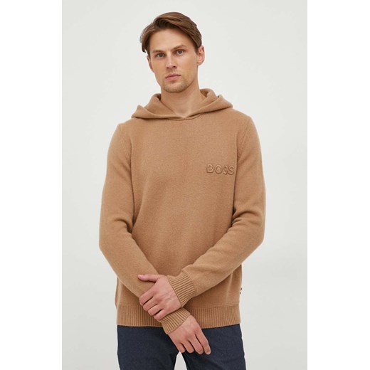 BOSS sweter wełniany męski kolor beżowy lekki ze sklepu ANSWEAR.com w kategorii Swetry męskie - zdjęcie 164883021