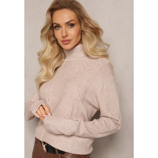 Beżowy Golf z Dzianiny Ozdobiony Splotem z Długimi Rękawami i Ściągaczami Juniro Renee M/L promocja Renee odzież