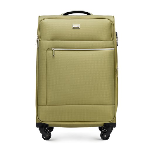Średnia walizka miękka z błyszczącym suwakiem z przodu zielona ze sklepu WITTCHEN w kategorii Walizki - zdjęcie 164925344