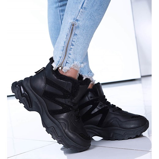 Czarne ocieplane trampki sneakersy na koturnie /E3-2 15119 T635/ ze sklepu Pantofelek24.pl w kategorii Buty sportowe damskie - zdjęcie 164927611